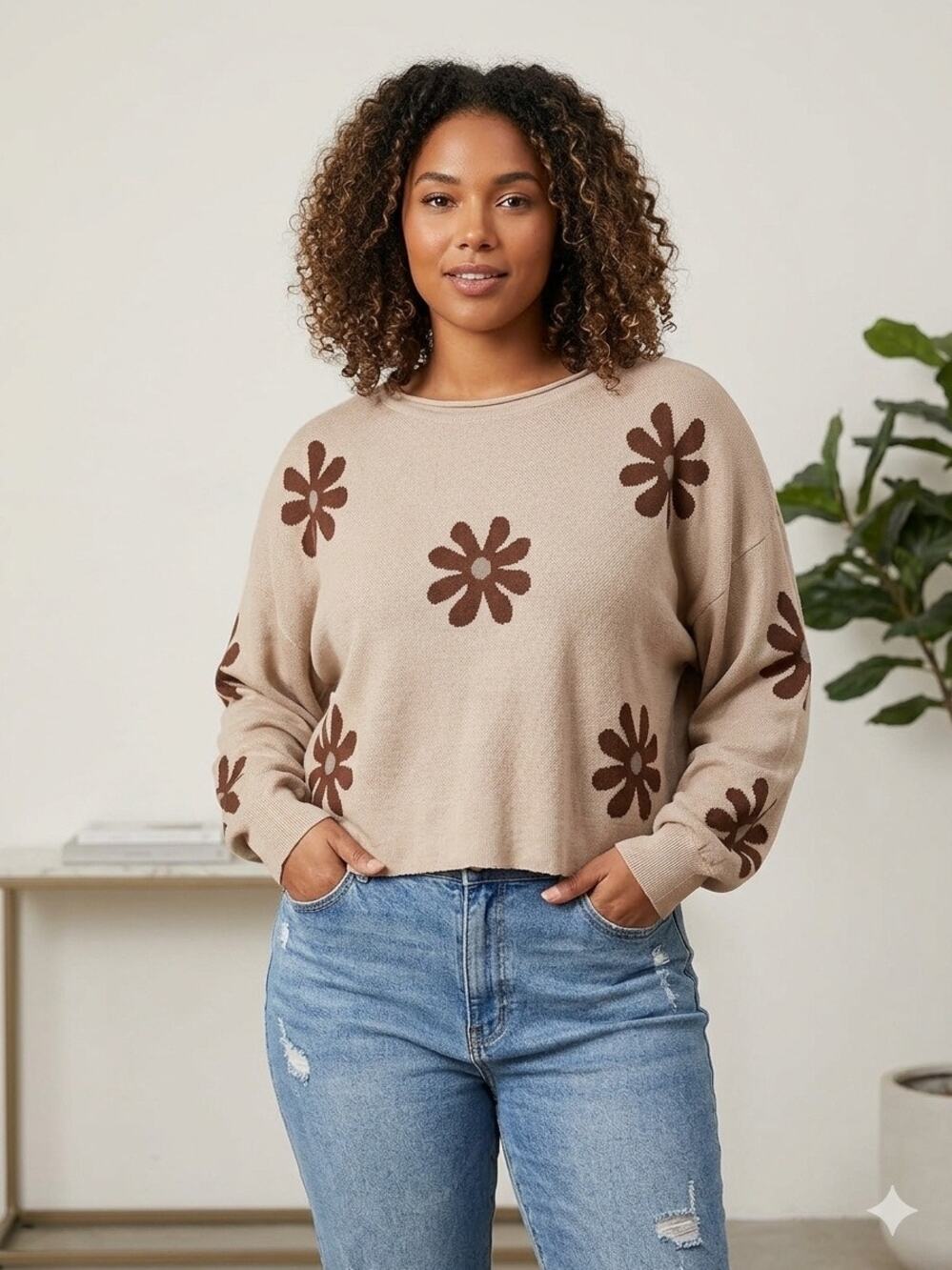 Ekouaer Earthy Beige Brown Daisy Flower Print Pullover Knit Sweater XL